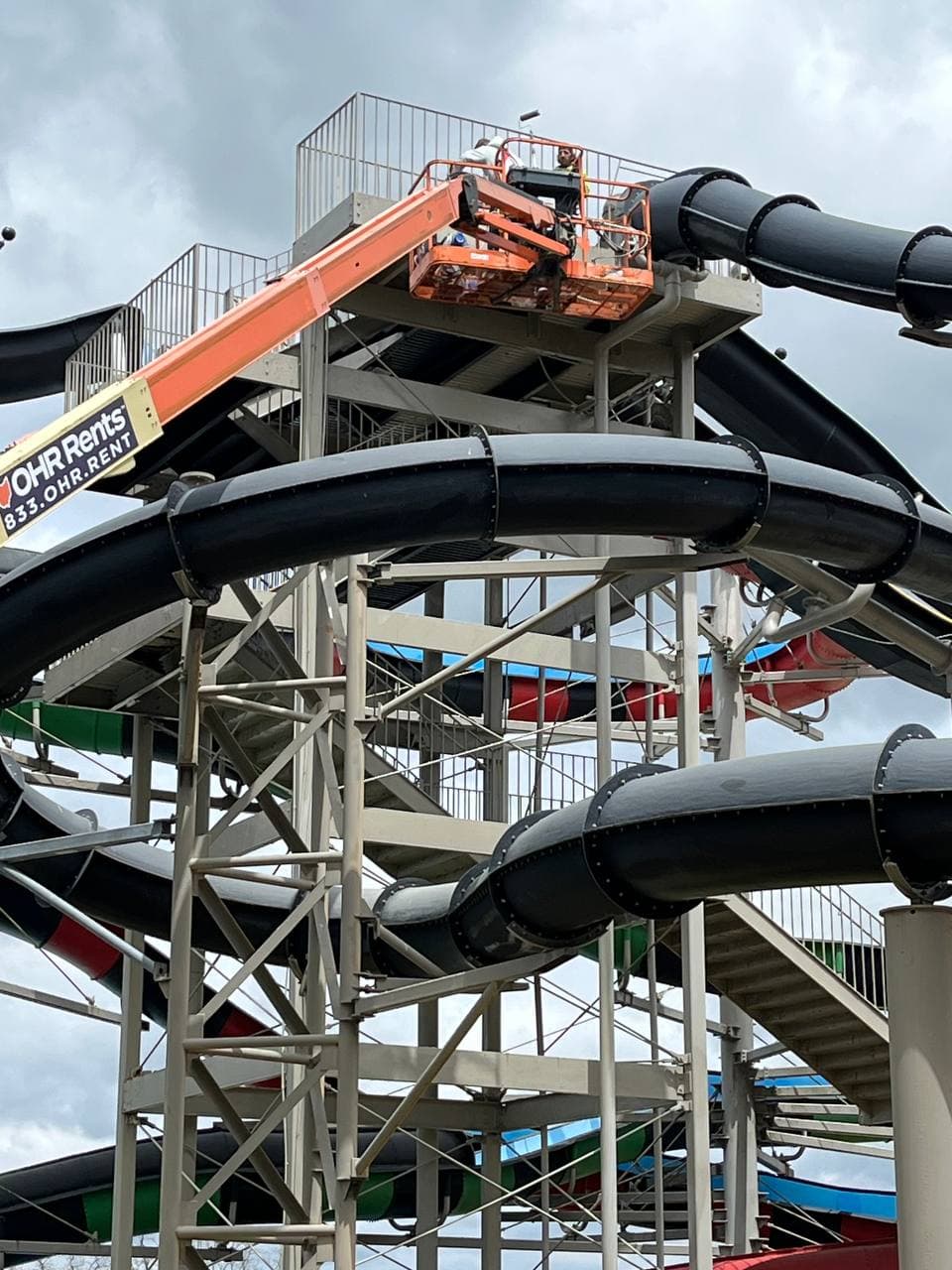 Lift equipment reaching the top of the slide tower at Pioneer Water Land